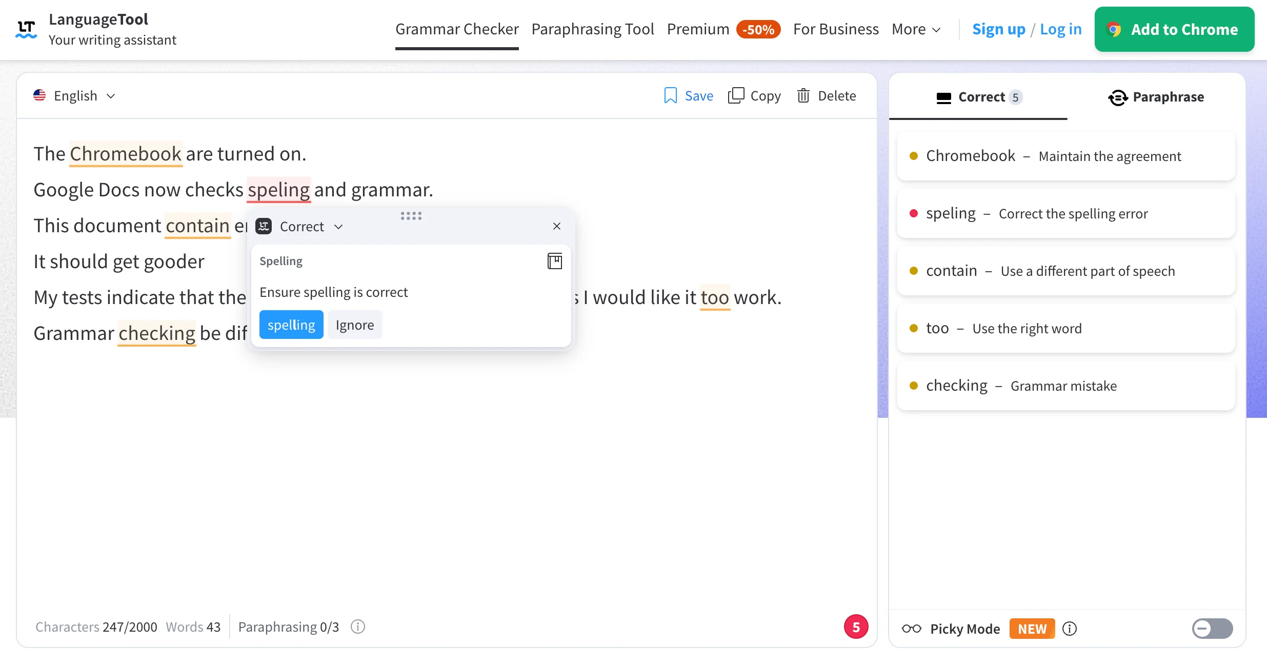 LanguageTool flags five grammar and spelling errors in the sample text but misses “gooder” and the missing punctuation.